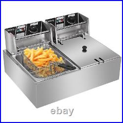 12L Commercial Electric Deep Fryer Fried Food Double Tank Stainless Steel 2500W