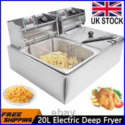 20L Large Electric Deep Fat Fryer Fast Chip Double Tank Oil Fryer Commercial UK