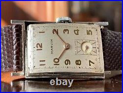 Art Deco Boxed 1930s Marvin tank watch, stainless case, cal 640 movement