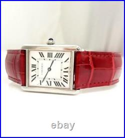 CARTIER TANK STAINLESS STEEL WATCH RED LEATHER BAND 27mm