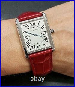 CARTIER TANK STAINLESS STEEL WATCH RED LEATHER BAND 27mm