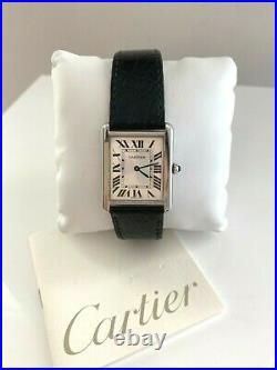 Cartier Mid Tank Solo GM Steel Leather Roman Rectangle Dial Ladies Quartz Watch