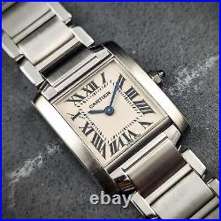 Cartier Tank Française 2384 Ladies Steel Watch Roman Numerals Signed Bracelet