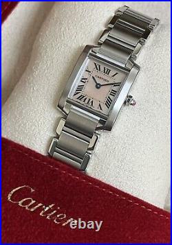 Cartier Tank Francaise Pink Mother of Pearl Dial Quartz Steel Ladies Watch 2384