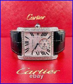 Cartier Tank MC Men's Watch Silver 44mm x 34.2mm Iced Out 2ct Diamonds Ref 3589