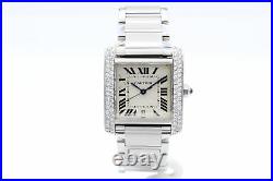 Cartier Tank W51002Q3 Steel Automatic Custom Diamond Bezel 1.50ctw Ladies Watch