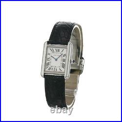Cartier Tank Watch Solo Stainless Steel Silver Roman Dial Black Leather Band