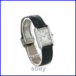 Cartier Tank Watch Solo Stainless Steel Silver Roman Dial Black Leather Band
