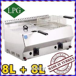 Commercial Propane Gas Deep Fryer DOUBLE TANK 8+8 Lt Stainless Steel Countertop