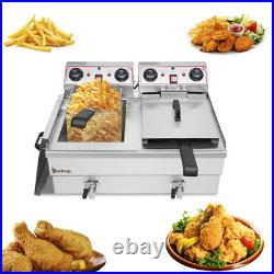 Large 24.9QT Stainless Steel Double Tank Deep Fryer with Faucet 6000W Power