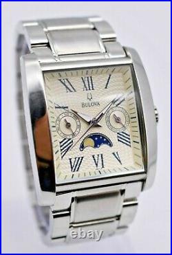 Mens Bulova Moonphase Day/Date Rectangle Tank Watch Stainless Steel Quartz 96C26