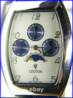 Mens Croton Moonphase Calendar Day Date Month Rectangle Tank blue White watch